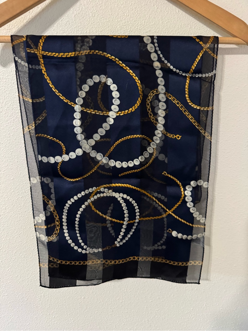 Echo 100% Silk Navy Pearls Gold Chain Scarf Rolled Edges Made in Japan-56x11”